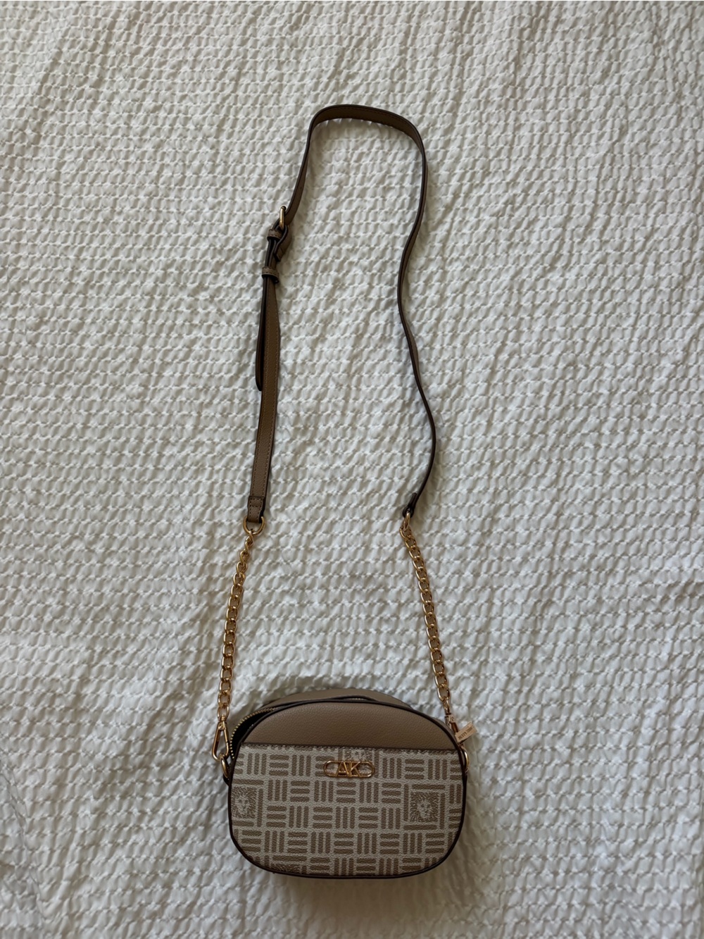 Anne Klein Taupe and Brown Logo Crossbody with Gold Chain Strap